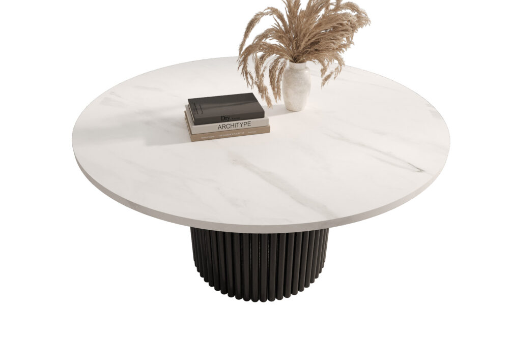 Stolik kawowy ława okrągła w stylu Loft do salonu THOR v1 tuba walec, Marmur Bianco 18mm, noga czarna - obrazek 4
