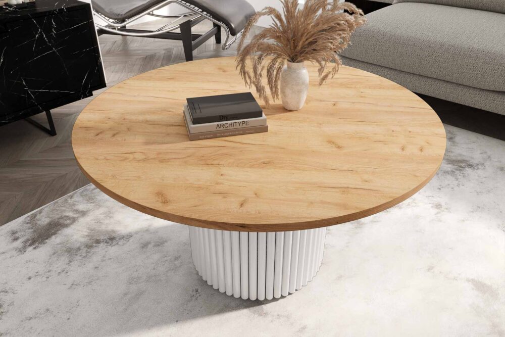 Stolik kawowy ława okrągła w stylu Loft do salonu THOR v1 tuba walec Dąb Craft Złoty 18mm, noga biała - obrazek 3