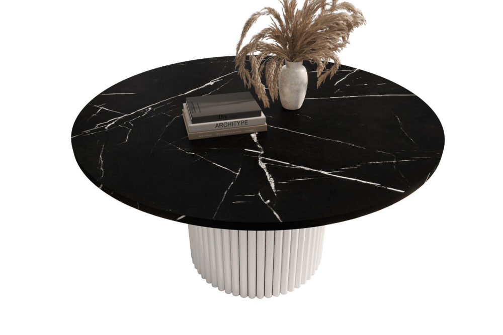 Stolik kawowy ława okrągła w stylu Loft do salonu THOR v1 tuba walec, Marmur Black 18mm, noga biała - obrazek 4
