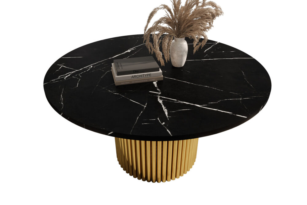 Stolik kawowy ława okrągła w stylu Loft do salonu THOR v1 tuba walec, Marmur Black 18mm, noga złota - obrazek 4