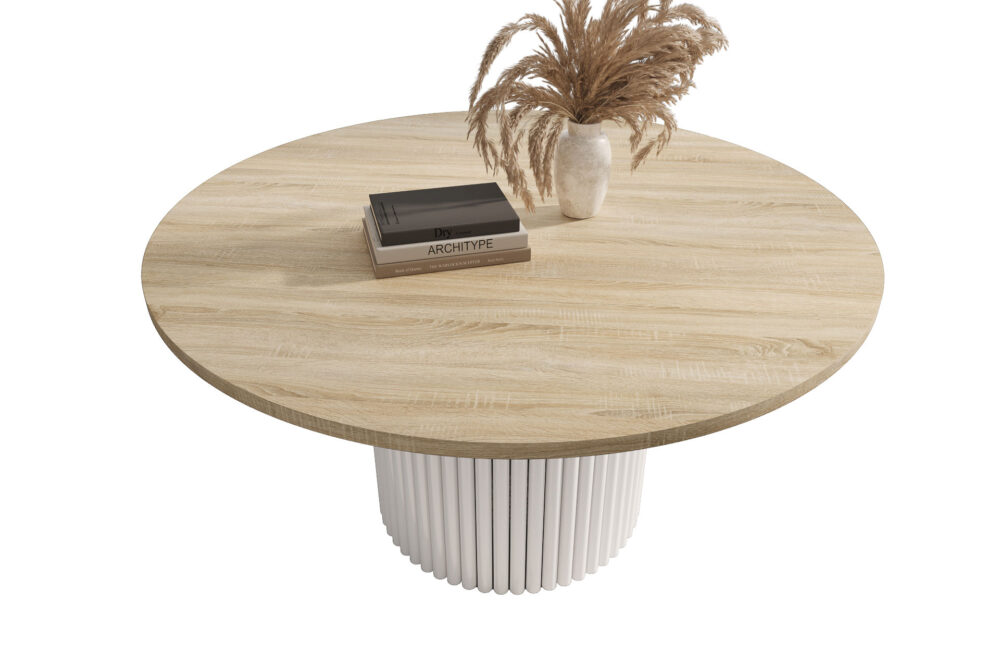Stolik kawowy ława okrągła w stylu Loft do salonu THOR v1 tuba walec Dąb Sonoma 18mm, noga biała - obrazek 4