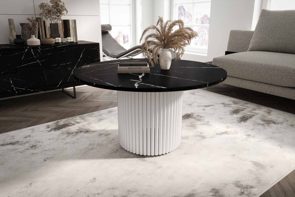Stolik kawowy ława okrągła w stylu Loft do salonu THOR v1 tuba walec, Marmur Black 18mm, noga biała - obrazek 1