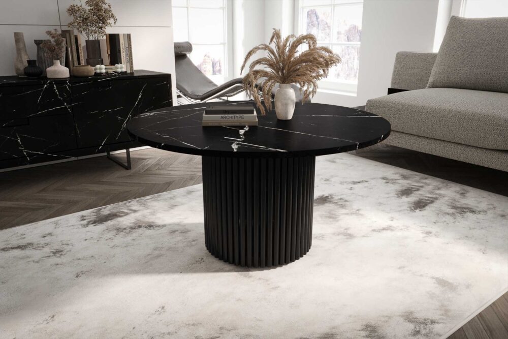 Stolik kawowy ława okrągła w stylu Loft do salonu THOR v1 tuba walec, Marmur Black 18mm, noga czarna - obrazek 1