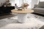 Stolik kawowy ława okrągła w stylu Loft do salonu THOR v1 tuba walec, Dąb Halifax Naturalny 18mm, noga biała