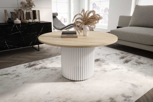 Stolik kawowy ława okrągła w stylu Loft do salonu THOR v1 tuba walec Dąb Sonoma 18mm, noga biała