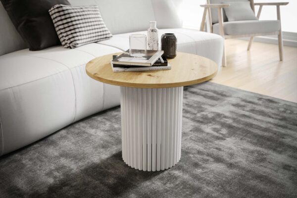 Stolik kawowy ława okrągła w stylu Loft do salonu THOR v2 tuba walec Dąb Artisan 18mm, noga biała