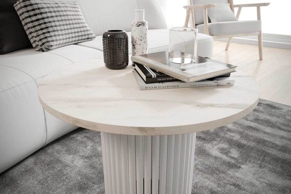Stolik kawowy ława okrągła w stylu Loft do salonu THOR v2 tuba walec, Marmur Bianco 18mm, noga biała - obrazek 3