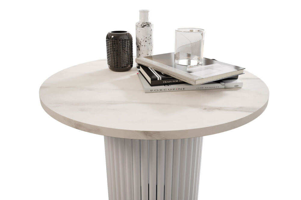 Stolik kawowy ława okrągła w stylu Loft do salonu THOR v2 tuba walec, Marmur Bianco 18mm, noga biała - obrazek 4
