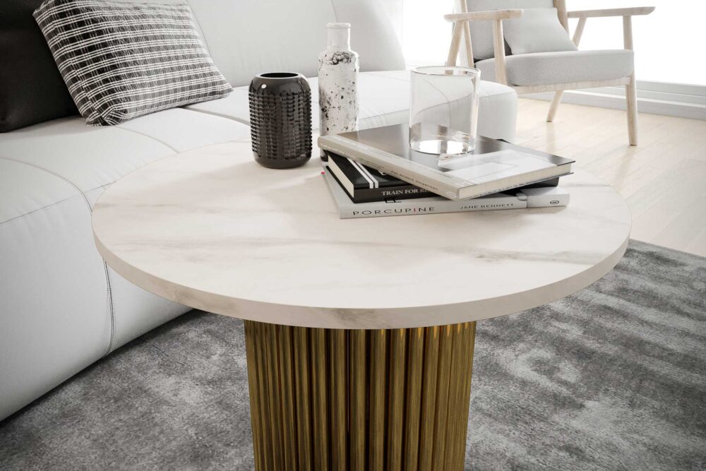 Stolik kawowy ława okrągła w stylu Loft do salonu THOR v2 tuba walec, Marmur Bianco 18mm, noga złota - obrazek 3