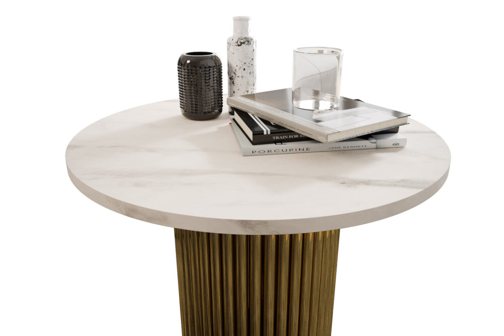 Stolik kawowy ława okrągła w stylu Loft do salonu THOR v2 tuba walec, Marmur Bianco 18mm, noga złota - obrazek 4