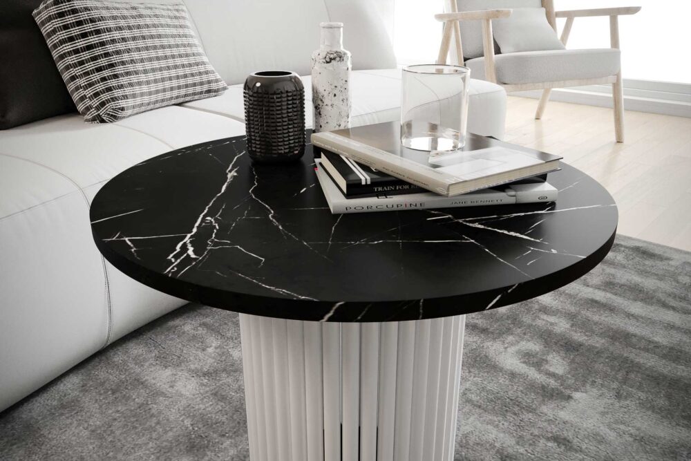 Stolik kawowy ława okrągła w stylu Loft do salonu THOR v2 tuba walec, Marmur Black 18mm, noga biała - obrazek 3