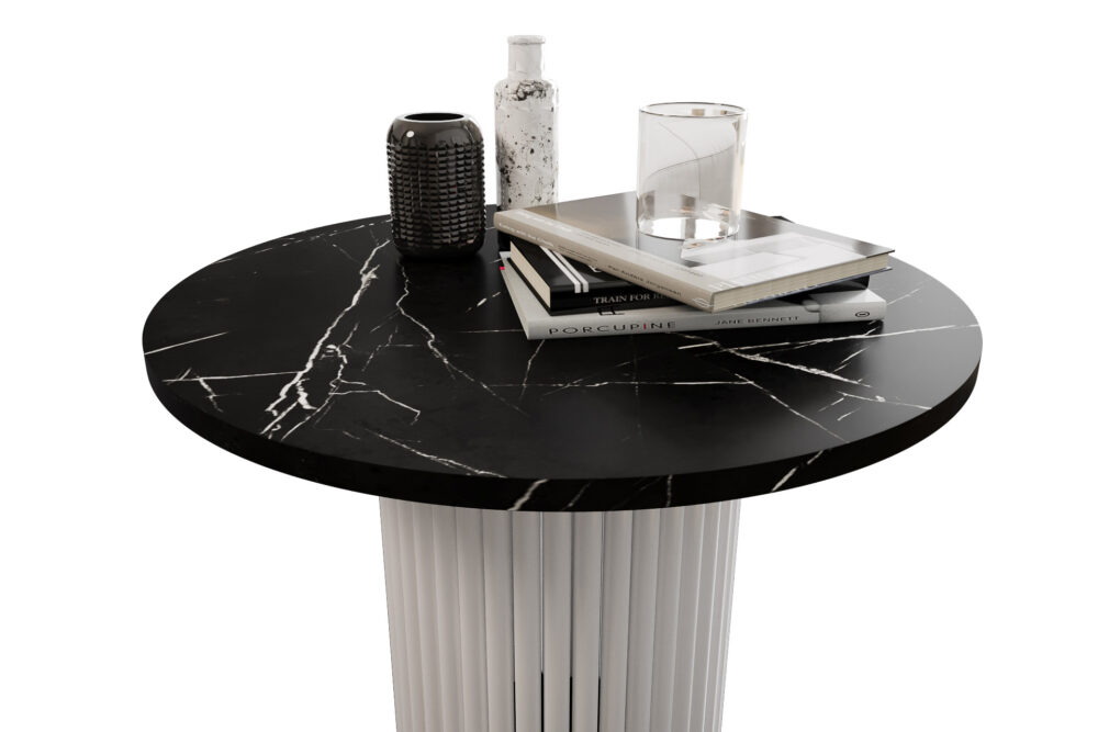 Stolik kawowy ława okrągła w stylu Loft do salonu THOR v2 tuba walec, Marmur Black 18mm, noga biała - obrazek 4
