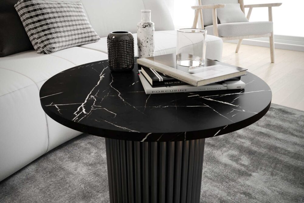 Stolik kawowy ława okrągła w stylu Loft do salonu THOR v2 tuba walec, Marmur Black 18mm, noga czarna - obrazek 3
