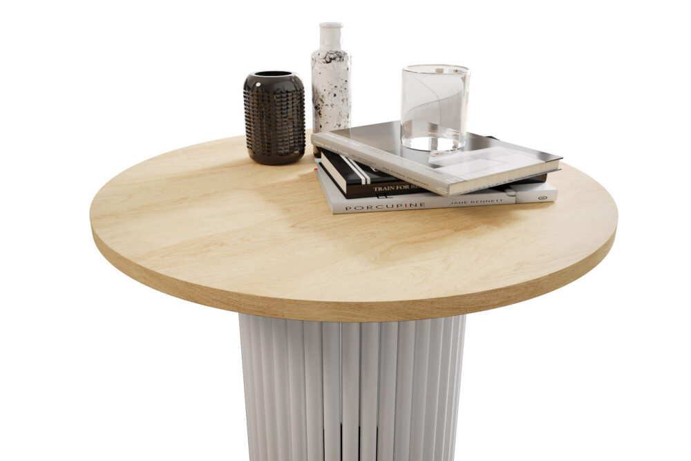 Stolik kawowy ława okrągła w stylu Loft do salonu THOR v2 tuba walec Dąb Hikora Naturalna 18mm, noga biała - obrazek 4