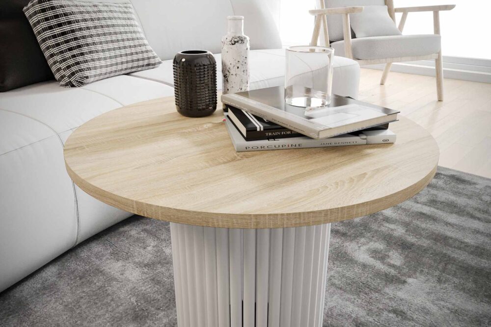 Stolik kawowy ława okrągła w stylu Loft do salonu THOR v2 tuba walec Dąb Sonoma 18mm, noga biała - obrazek 3