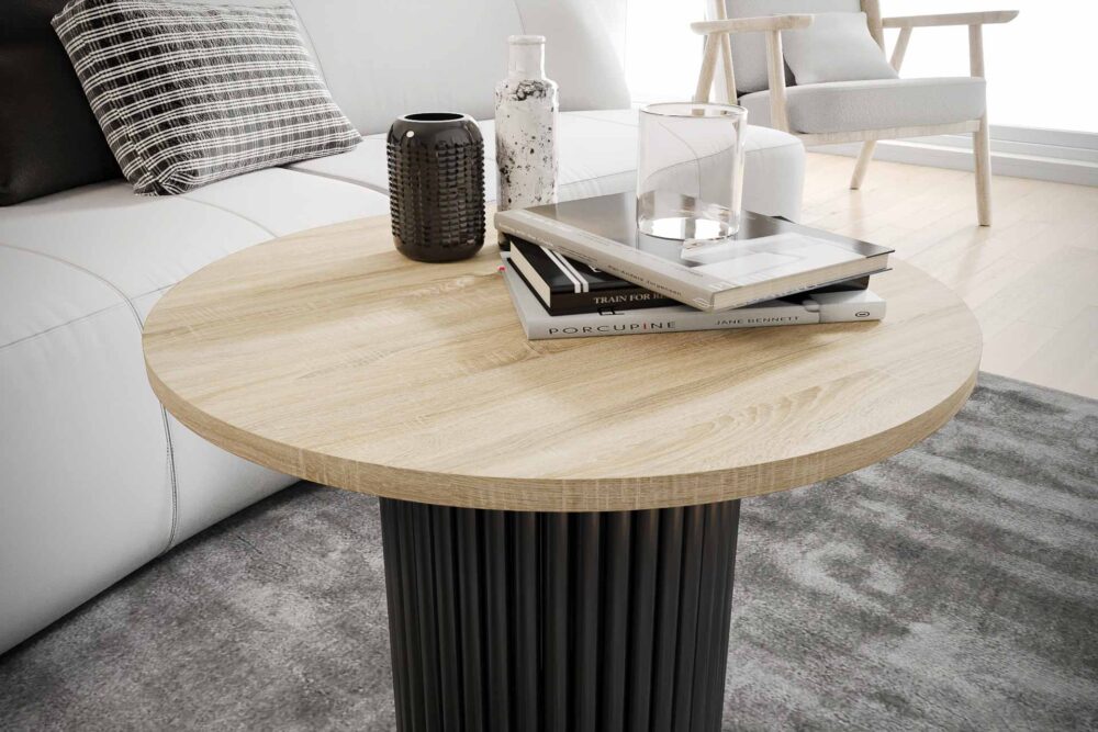 Stolik kawowy ława okrągła w stylu Loft do salonu THOR v2 tuba walec Dąb Sonoma 18mm, noga czarna - obrazek 3