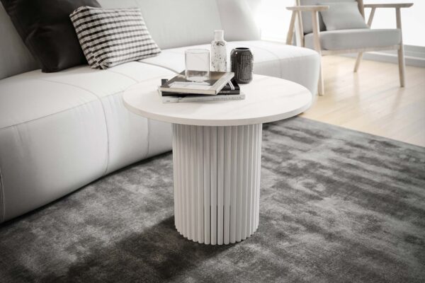 Stolik kawowy ława okrągła w stylu Loft do salonu THOR v2 tuba walec, Marmur Bianco 18mm, noga biała