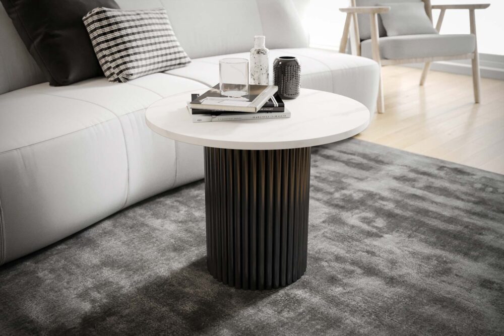 Stolik kawowy ława okrągła w stylu Loft do salonu THOR v2 tuba walec, Marmur Bianco 18mm, noga czarna - obrazek 1