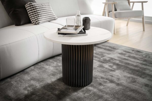 Stolik kawowy ława okrągła w stylu Loft do salonu THOR v2 tuba walec, Marmur Bianco 18mm, noga czarna