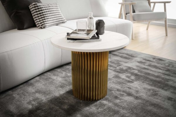 Stolik kawowy ława okrągła w stylu Loft do salonu THOR v2 tuba walec, Marmur Bianco 18mm, noga złota