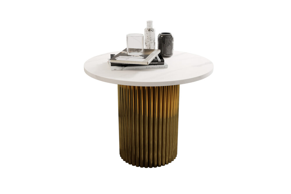 Stolik kawowy ława okrągła w stylu Loft do salonu THOR v2 tuba walec, Marmur Bianco 18mm, noga złota - obrazek 2