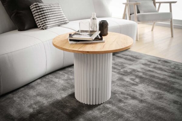 Stolik kawowy ława okrągła w stylu Loft do salonu THOR v2 tuba walec Dąb Craft Złoty 18mm, noga biała