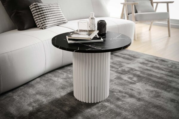 Stolik kawowy ława okrągła w stylu Loft do salonu THOR v2 tuba walec, Marmur Black 18mm, noga biała