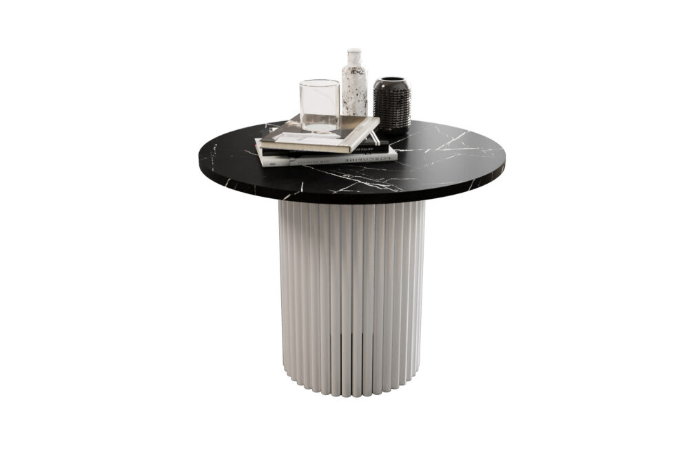 Stolik kawowy ława okrągła w stylu Loft do salonu THOR v2 tuba walec, Marmur Bianco 18mm, noga czarna - obrazek 4