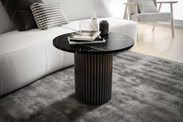 Stolik kawowy ława okrągła w stylu Loft do salonu THOR v2 tuba walec, Marmur Black 18mm, noga czarna
