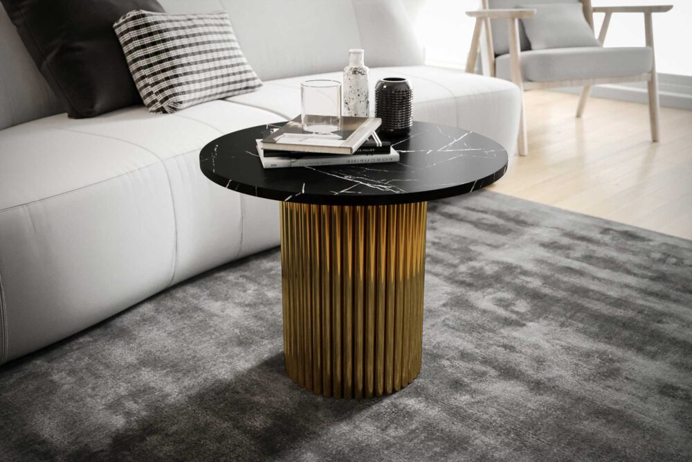 Stolik kawowy ława okrągła w stylu Loft do salonu THOR v2 tuba walec, Marmur Black 18mm, noga złota - obrazek 1