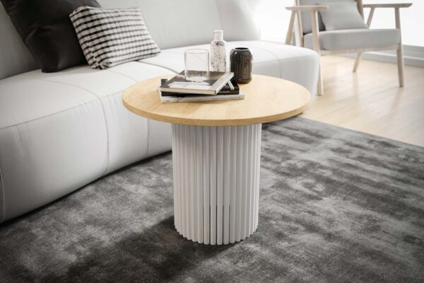 Stolik kawowy ława okrągła w stylu Loft do salonu THOR v2 tuba walec Dąb Hikora Naturalna 18mm, noga biała