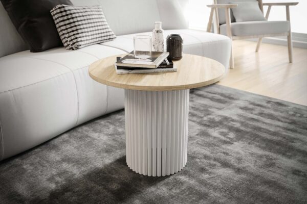 Stolik kawowy ława okrągła w stylu Loft do salonu THOR v2 tuba walec Dąb Sonoma 18mm, noga biała