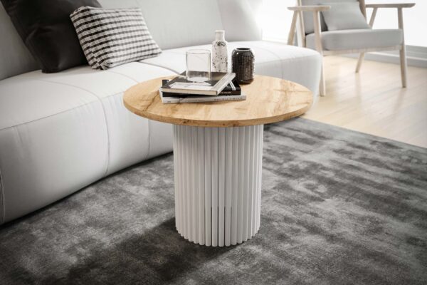Stolik kawowy ława okrągła w stylu Loft do salonu THOR v2 tuba walec Dąb Wotan 18mm, noga biała