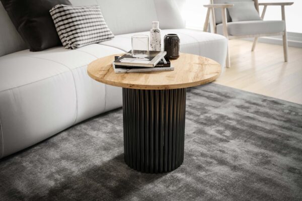 Stolik kawowy ława okrągła w stylu Loft do salonu THOR v2 tuba walec Dąb Wotan 18mm, noga czarna