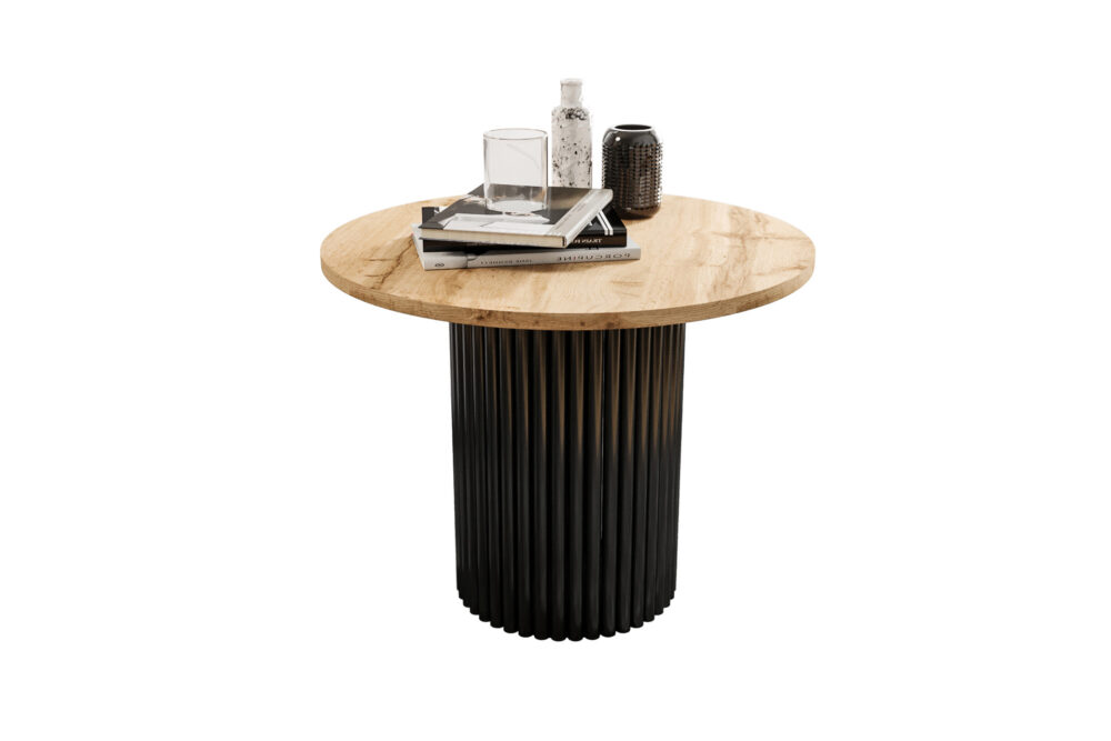 Stolik kawowy ława okrągła w stylu Loft do salonu THOR v2 tuba walec Dąb Wotan 18mm, noga czarna - obrazek 2